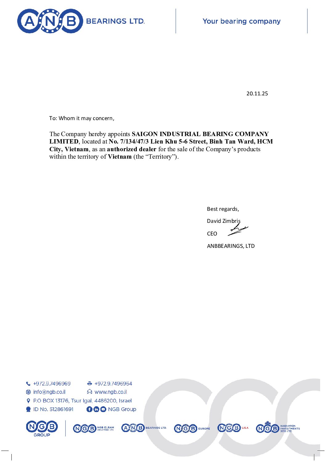 ĐẠI LÝ ỦY QUYỀN VÒNG BI INOX ANB-ISRAEL TẠI VIỆT NAM